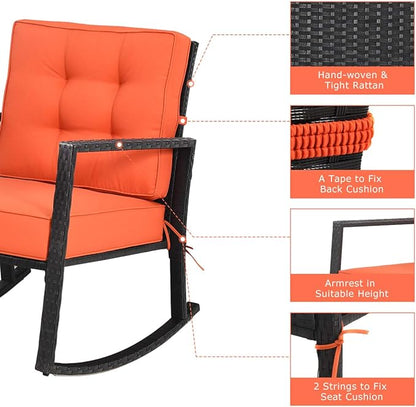 Tangkula Wicker Rocking Chair, Outdoor Rattan Rocker Chair with Heavy-Duty Steel Frame, Patio Furniture Seat with 5” Thick Cushion for Garden, Porch, Backyard, Poolside (1, Orange)