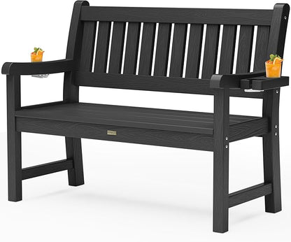 YEFU Outdoor Bench for Patio Waterproof: Heavy Duty 2-Person Garden Bench with 2 Cup Holders & Oversized Seating - HIPS Weatherproof Patio Benches for Front Porch Backyard Park, Black