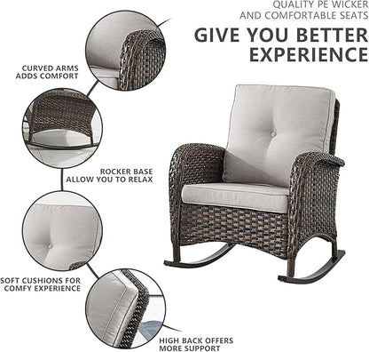 Belord Patio Rocking Chairs Furniture Set - 5 Piece Outdoor Wicker Furniture Sets with Ottomans, Small Patio Conversation Sets with Wicker Rocking Chairs Brown/Beige