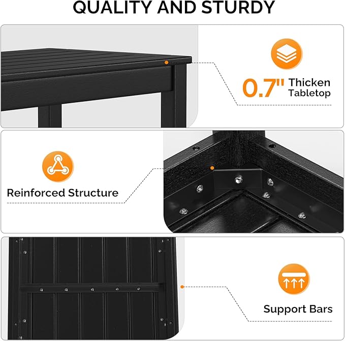 VINGLI Outdoor Coffee Table, HDPE Patio Coffee Table for Outside, All-Weather Rectangle Coffee Table for Deck, Garden, Balcony, Porch, Indoor & Outdoor Use (Black)