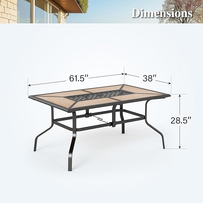 HERA'S HOUSE Patio Dining Table with Umbrella Hole for 6, Rectangle Outdoor Metal Table for Lawn Garden Backyard