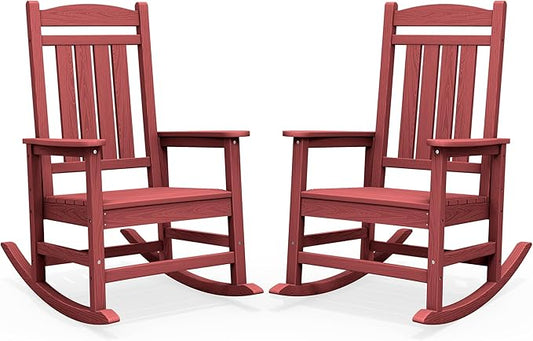SERWALL Patio Rocking Chairs Set of 2, HDPE Outdoor Rockers for Adults, Oversized All-Weather Porch Rocking Chairs, Red