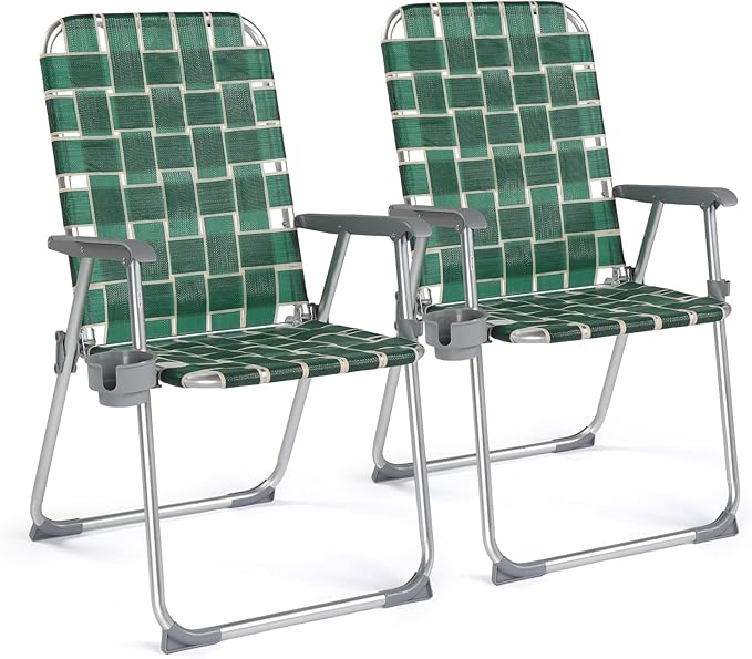 VINGLI Folding Aluminum Webbed Lawn Chairs with Detachable Cup Holder, High Beach Chair for Adults Heavy Duty - Photo 1