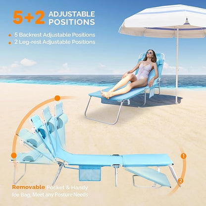 VINGLI Tanning Chair, Beach Lounge Chair with Face Hole, Lounge Chair Outdoor, Height-Adjustable Tanning Lounger, Anti-Tip Design, Carrying Bag, 475lbs, Blue