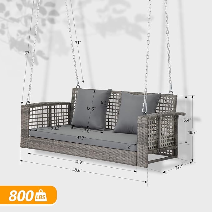 4FT Wicker Porch Swing for 2 Person, 800lb Capacity Outdoor Hanging Bench with Removable Cushions - Photo 2