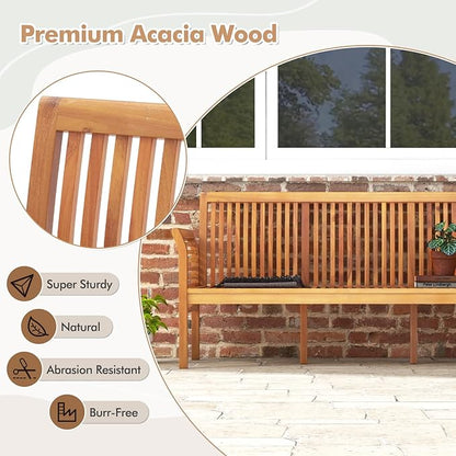 Tangkula 3-Seat Patio Acacia Wood Bench with Cushion, 62.5” Extra Long Outdoor Chair with Dense Slatted Backrest & Armrests, 1200 lbs Weight Capacity, Outside Bench for Yard, Balcony, Porch & Garden