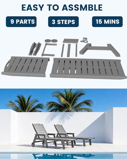 FOOWIN Chaise Lounge Chair Set of 2，HDPE Lounge Chair Outdoor with 5 Positions,Oversized Pool Lounge Chairs with Rolling Wheels & Cup Holder for Poolside Deck Backyard,Grey