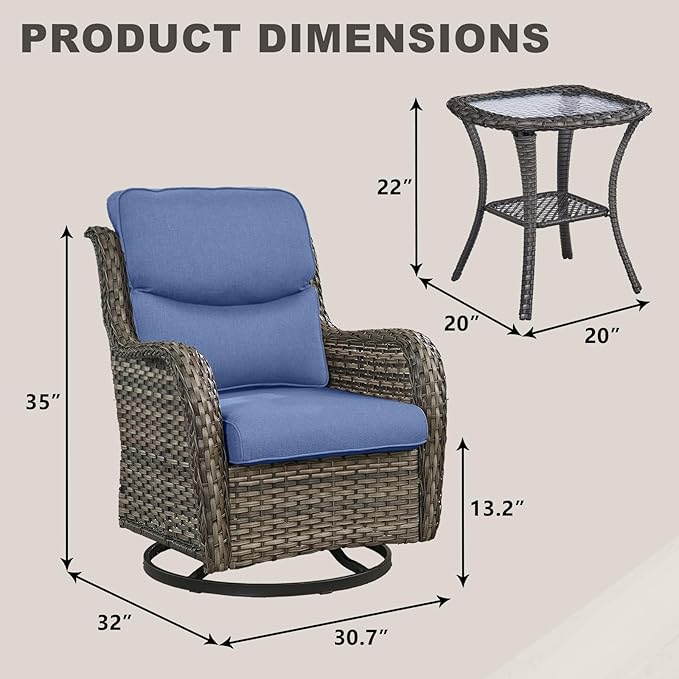 Rilyson Wicker Rocking Chair Swivel Chairs - 3 Piece Rocker Patio Furniture Set Rattan Rocking Bistro Sets with Glass - Photo 3