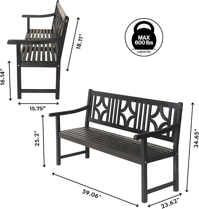 JONATHAN Y BNH100C Sloane 59.1" 3-Seat Ogee Diamond-Back 600-Lbs Support Acacia Wood Outdoor Garden Patio Bench for Garden, Lawn, Backyard, Pool, Deck, Beach, Firepit, Black