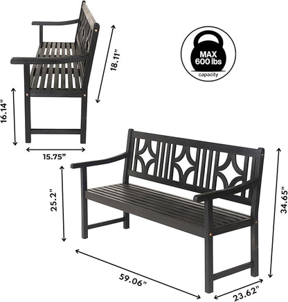 JONATHAN Y BNH100C Sloane 59.1" 3-Seat Ogee Diamond-Back 600-Lbs Support Acacia Wood Outdoor Garden Patio Bench for Garden, Lawn, Backyard, Pool, Deck, Beach, Firepit, Black