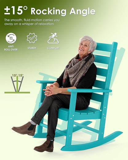 GREENVINES Outdoor-Rocking-Chairs-Set-of-4 | HDPE Plastic | Patio Rockers | Porch Rocker Chair | Shaker | Oversized | High Ladder Back | Big & Tall | PentaLuxe | Aqua