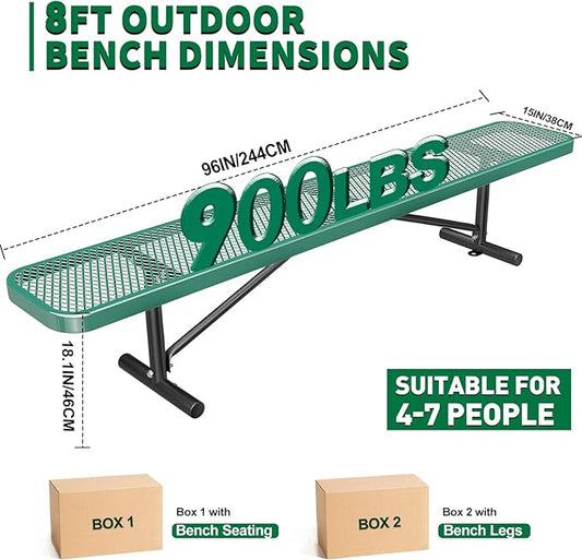 8FT Park Benches for 4-7 People, Weatherproof Commercial Garden Bench, Iron Steel Frame Patio Heavy Duty Mesh Rectangular Outdoor Benches for Outside, Lawn, Yard, Porch Work Entryway