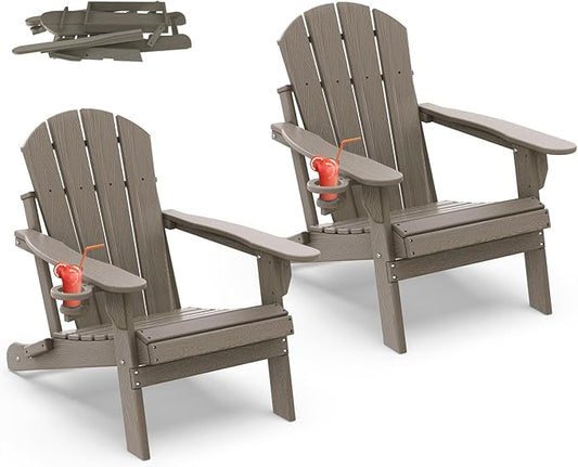 IVY&LANE Folding-Adirondack-Chair-Set-of-2 | HDPE Plastic | Wood Grain | Outdoor Fire Pit Chair with Cup Holder | Poly | Weather Resistant | for Patio Deck Poolside Garden Beach