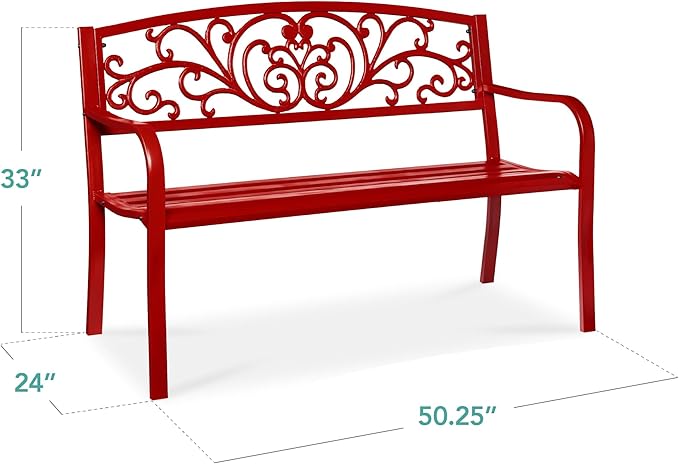 Best Choice Products Outdoor Bench Steel Garden Patio Porch Furniture for Lawn, Park, Deck w/Floral Design Backrest - Photo 2