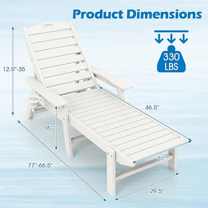 Giantex Lounge Chair Outdoor, Oversized Chaise Lounge Chair with 4-Position Backrest, Rotatory Cup Holder, Weatherproof HDPE Patio Lounge Chair for Outside Garden Deck Poolside Backyard, White (2)
