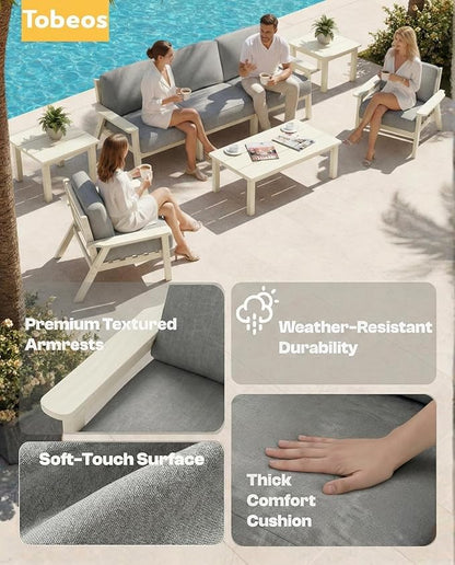 HDPE Patio Furniture Set 8 Seats, Outdoor Couch with Washable Thick Gray Cushions & Side Table, Outdoor Sectional Furniture for Backyard, Deck, Lawn, Porch (White Frame)