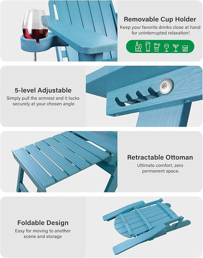 YEFU Adirondack Chair with Retractable Ottoman: Folding Adirondack Chairs Set of 2-5-Level Adjustable Backrest with Footrest - Fire Pit Chairs - Cup Holder - Outdoor Plastic Chair for Patio