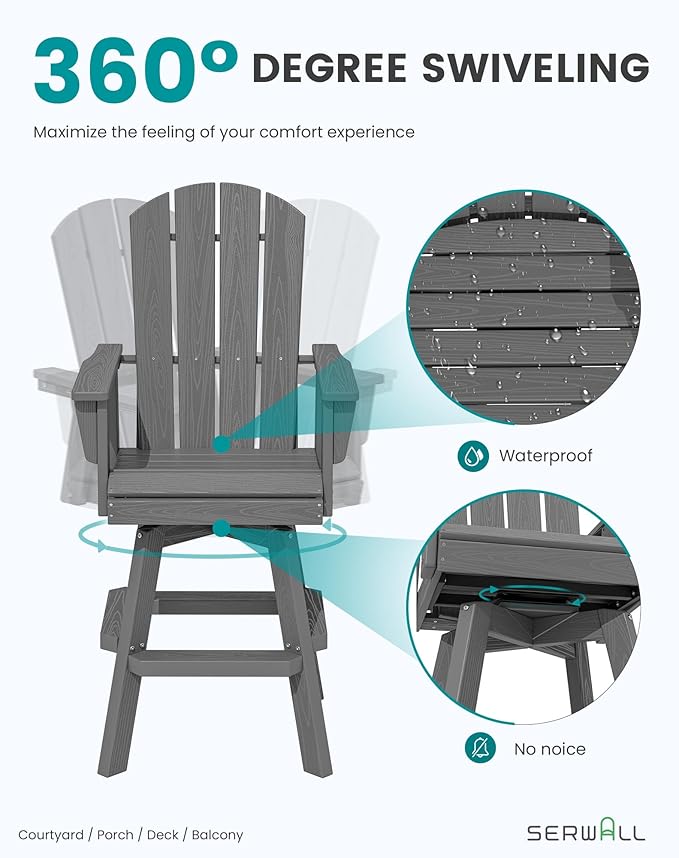 SERWALL 3-Piece Swivel Adirondack Bar Set, HDPE Swivel Bar Height Chairs Set of 2 with Bar Table - Photo 3