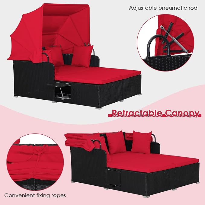 LDAILY Moccha Outdoor Daybed with Retractable Canopy, Wicker Cabana with 2 Side Tables & Soft Cushions - Photo 6
