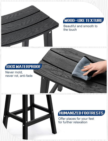 Weatherproof Bar Stools Set of 2, 28" Height Outdoor Bar Stools Holds up to 400 lbs, Saddle Seat, Bar Height Stools for Patio, Garden, and Kitchen Island, Black