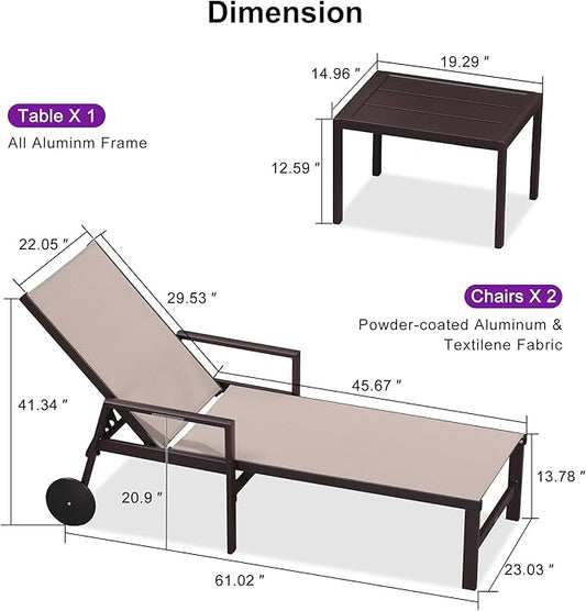 PURPLE LEAF Outdoor Chaise Lounge Chair Set of 2 with Armrests, Aluminum Patio Loungers with Wheels and Adjustable Backrest, Includes Side Table for Deck, Outside, Lawn, Garden, Sand Beige