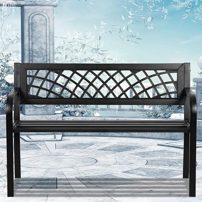 Bigacc Outdoor Bench, Garden Bench with Black Checkered Design Park Bench Metal with Cast Iron Frame Bench Chair for Patio Front Porch Garden Balcony Lawn Furniture Entryway Backyard, Black
