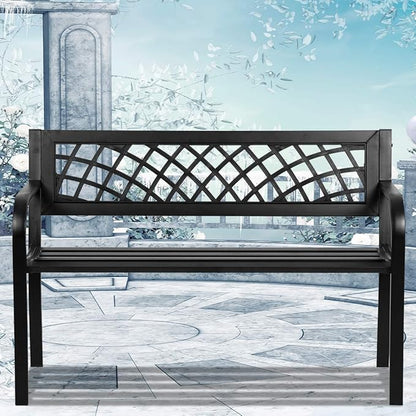 Bigacc Outdoor Bench, Garden Bench with Black Checkered Design Park Bench Metal with Cast Iron Frame Bench Chair for Patio Front Porch Garden Balcony Lawn Furniture Entryway Backyard, Black