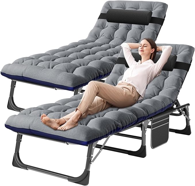 DoCred Folding Lounge Chair with Mattress, 5 Position Adjustable Folding Sleeping Bed Cot Chaise Lounge Chairs Perfect for Sunbathing, Camping, Pool, Beach, Patio