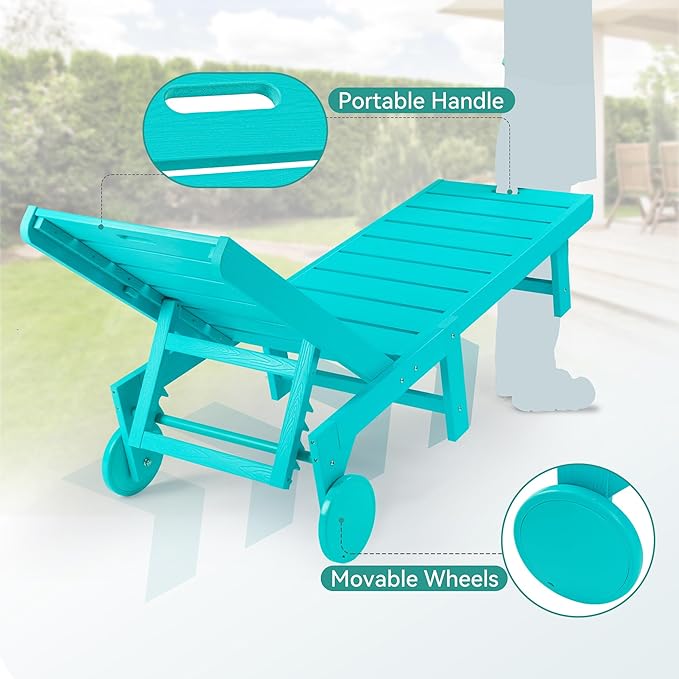 Outdoor Chaise Lounge Chairs Set of 4, 26.8” Super Wide Lounge Chair Outdoor, HDPS Pool Chairs with 5 Positions, Patio Lounge Chair with Wheels for Pool,Lawn,Backyard, Aruba Blue
