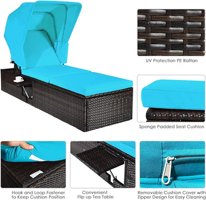 RELAX4LIFE Rattan Chaise Lounge Chair - PE Wicker Reclining Lounger with 5-Position Adjustable Backrest, Retractable Canopy, Side Table & Cushions, Sun Lounger for Garden, Porch & Beach (1, Turquoise)