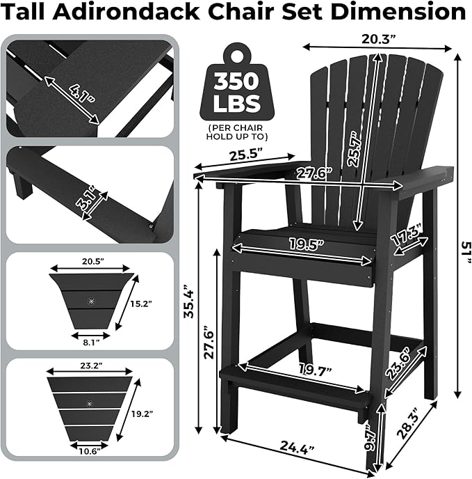 GAOMON Tall Adirondack Chairs Set of 2, Recycled HDPE Bar Height Patio Chairs with 2 Removable Connecting Trays & Umbrella Hole, Heavy Duty Outdoor Furniture for Deck, Backyard, Garden, Balcony, Black