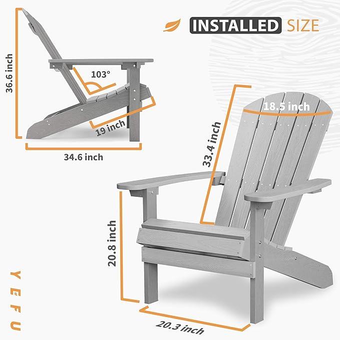 YEFU 3-Piece Adirondack Chair and Table Set: Outdoor Lounge Furniture Set - Outdoor Chair Plastic Weather Resistant with Wide Armrests for Patio Lawn Pool Porch Garden(Grey