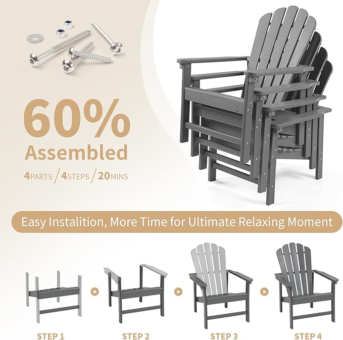 Stackable Adirondack Chairs Set of 4, Space Saving HDPE All-Weather Fire Pit Chair with Cover for Outdoor Lawn Porch Deck