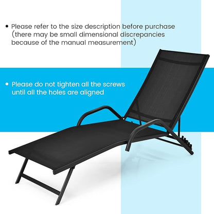 Tangkula Outdoor Patio Chaise Lounge Chairs, Reclining Lounge Chairs with 5-Position Adjustable Backrest & Breathable Fabric, Outdoor Recliner Chairs for Lawn, Poolside & Backyard, Set of 2 (2, Black)