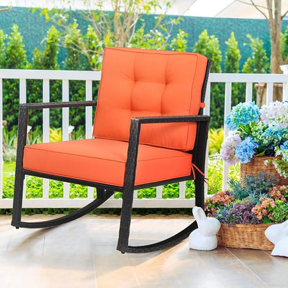 Tangkula Wicker Rocking Chair, Outdoor Rattan Rocker Chair with Heavy-Duty Steel Frame, Patio Furniture Seat with 5” Thick Cushion for Garden, Porch, Backyard, Poolside (1, Orange)