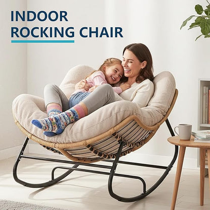 Outdoor Rocking Chair, Oversized Papasan Chair, Indoor Comfy Lounge Rocker with Cushion for Patio, Living Room, Porch, Balcony-Cream