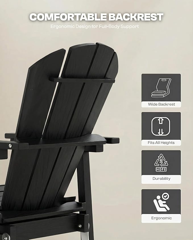 HDPE Swivel Glider Chair Outdoor, Weather Resistant Adirondack Outside Rocking Chair, Wooden Textured Outdoor Swivel Chair Set of 6 for Porch, Balcony, Poolside, Backyard (Black)
