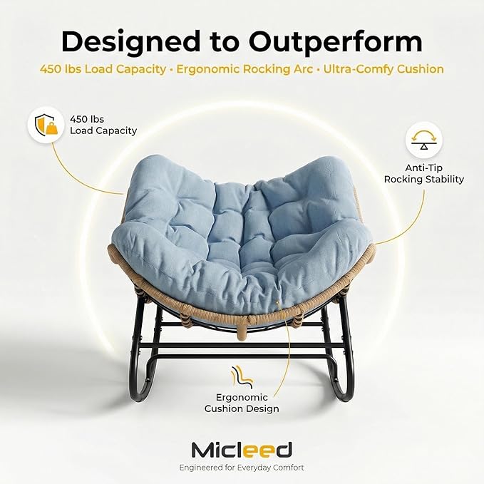 Oversized Papasan Rocking Chair Outdoor, Comfy Wicker Patio Papasan Egg Rocker with Thick Cushion for 450 lbs - Photo 5