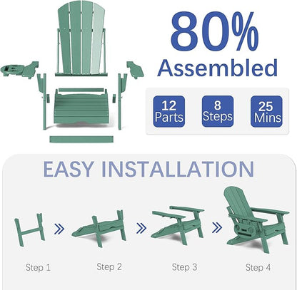 FOOWIN Adirondack Chair with Retractable Ottoman,HDPE Folding Adjustable Adirondack Chair w/4 in 1 Cup Holder Trays,All-Weather Resistant Fire Pit Chair for Outdoor Patio Lawn Set of 6