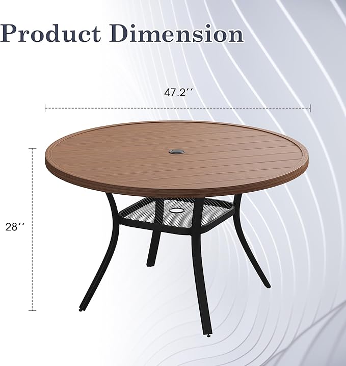 47.2" Patio Dining Table for 6, Round Outdoor Metal Dining Table with Umbrella Hole for Lawn Garden Backyard, Walnut