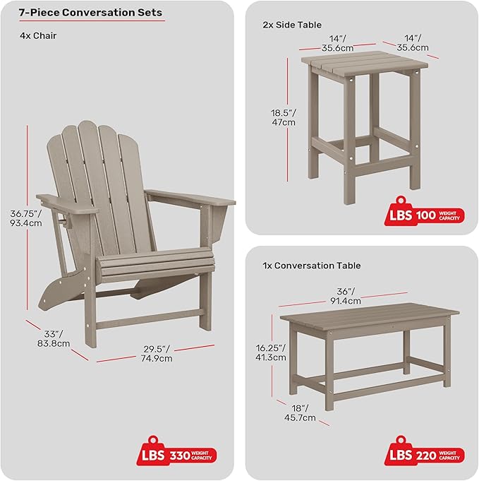 Costaelm Lakeview 7-Piece HDPE Outdoor Patio Furniture Adirondack Conversation Set, Weathered Wood