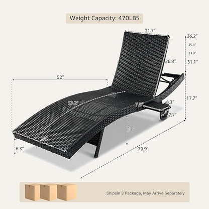 Set of 6 Black Outdoor Chaise Lounge Chairs, Wicker Patio Lounge Chairs with Adjustable Backrest and Wheels, Durable PE Rattan Pool Chair for Patio, Poolside and Garden