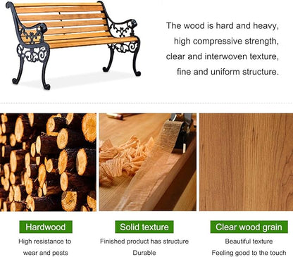 Garden Bench, Cast Iron Metal Frame Patio Park Bench, Wrought Iron Bench with Backrest and Armrests, Patio Bench with Wood Seat, Outside Furniture Decor, for Lawn, Park, Deck(Yellow)