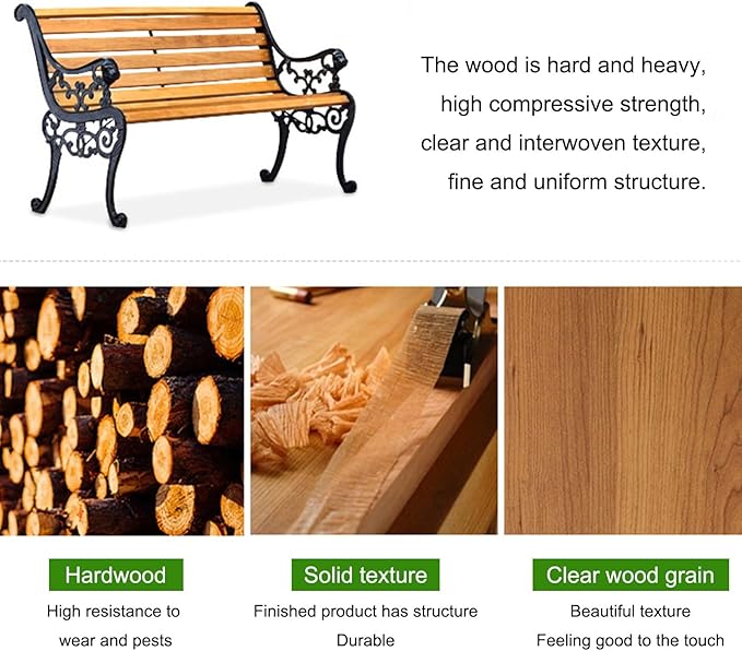 Garden Bench, Cast Iron Metal Frame Patio Park Bench, Wrought Iron Bench with Backrest and Armrests, Patio Bench with Wood Seat, Outside Furniture Decor, for Lawn, Park, Deck(Brown)