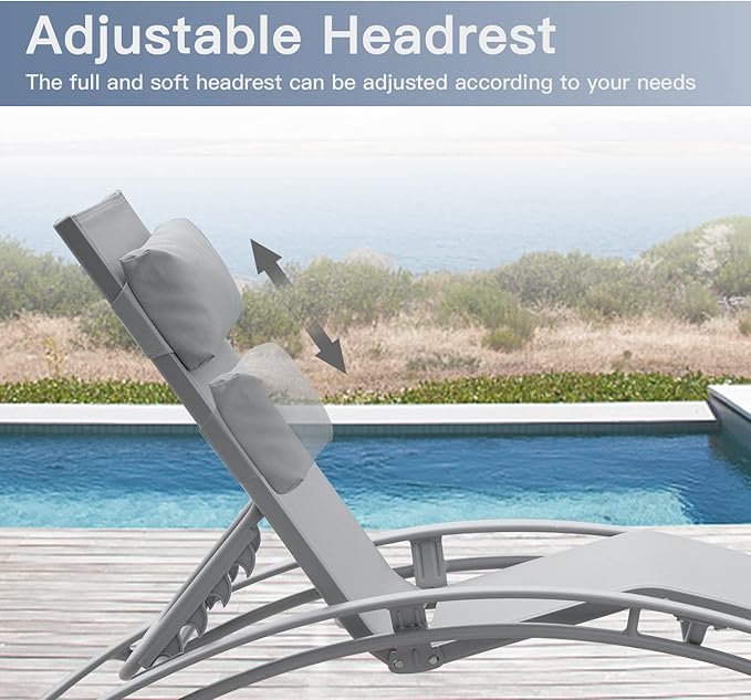 Domi Lounge Chair Set of 3, Aluminum Lounge Chairs for Outside with 5 Adjustable Positions, Chaise Lounge Outdoor for Pool, Garden, Beach, 2 Pool Chairs and 1 Side Table(Gray)