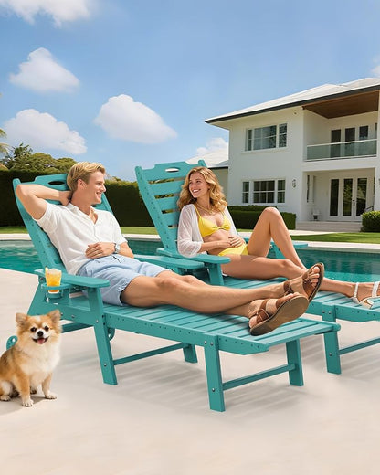 Carauci Lounge Chair Outdoor Set of 2, HDPE Chaise Lounge with Wheels, 5-Position Adjustable Backrest & 2 Cup Holders Patio Lounge Chair, All-Weather Pool Sun Lounger for Poolside, Backyard, Lake Blue
