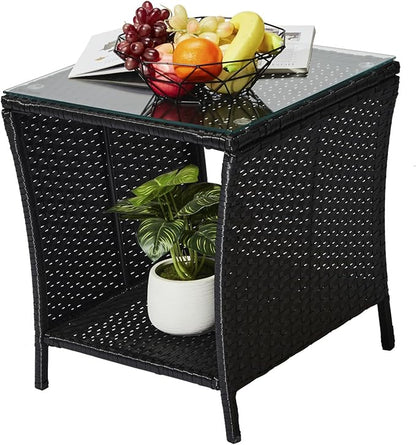 HomVent Patio Wicker Rattan Side Table, Outdoor Square Tempered Glass Top Rattan Coffee Table End Table Furniture with Storage for Patio Courtyard Balcony (Black)