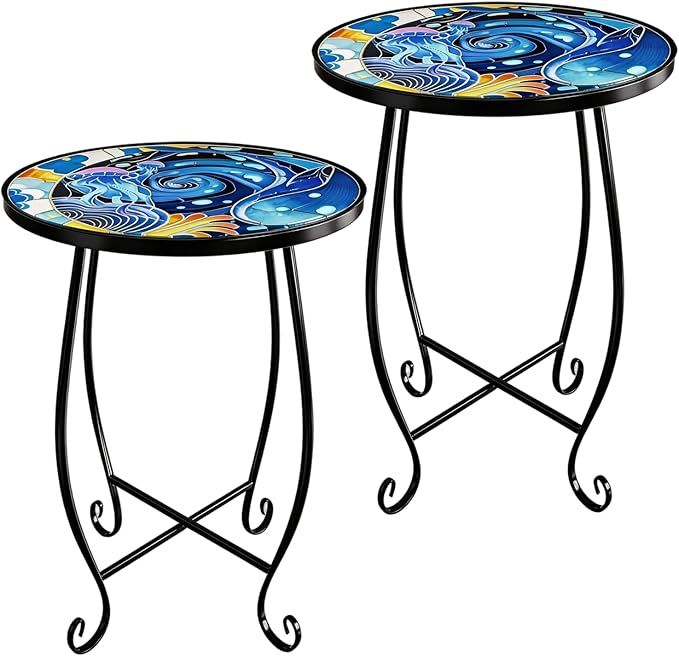 15 Inch Jellyfish Mosaic Side Tables (Set of 2) - Small Outdoor Round Folding Tables with Weather-Resistant Metal Frame - Photo 1