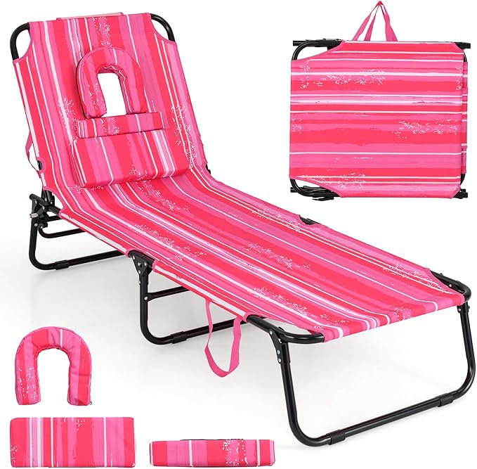 Giantex Tanning Chair, 350lbs Adjustable Patio Lounge Chair w/Face Hole, Removable Pillows, Carry Strap, Folding, Outdoor Chaise Lounge for Layout Beach Poolside Lawn (1, Stripe Pink)