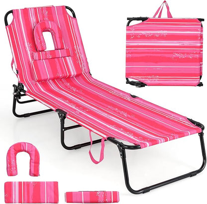 Giantex Tanning Chair, 350lbs Adjustable Patio Lounge Chair w/Face Hole, Removable Pillows, Carry Strap, Folding, Outdoor Chaise Lounge for Layout Beach Poolside Lawn (1, Stripe Pink)
